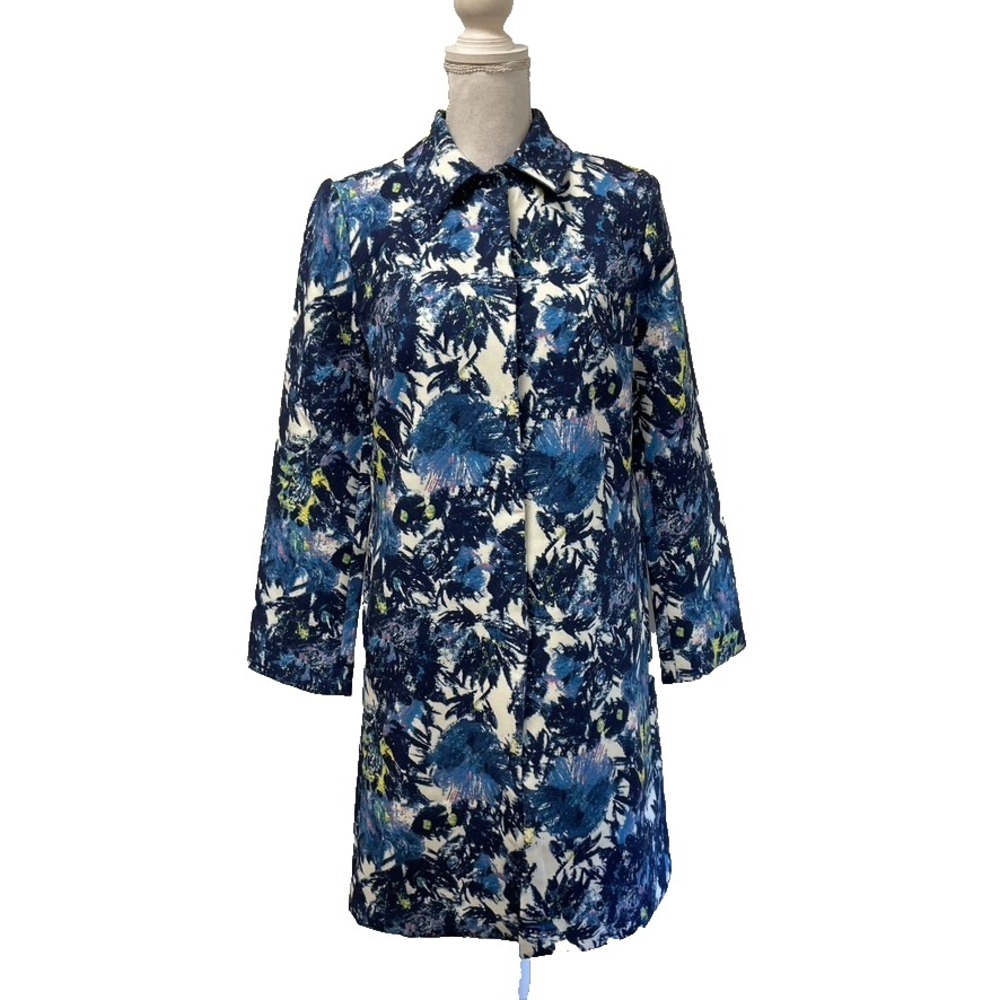 Frances Valentine Trench Coat Womens S Blue Floral Mid Length Snap Front 27673